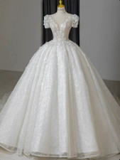 Princess White Ivory Short Sleeves Wedding Dresses Glitters A Line Bridal Gowns