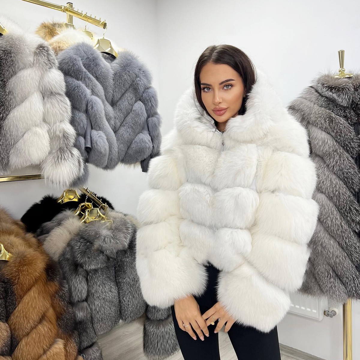 Fashion Genuine Fox Fur Coat Winter Women Hooded Short Jacket Warm Thick  Outwear