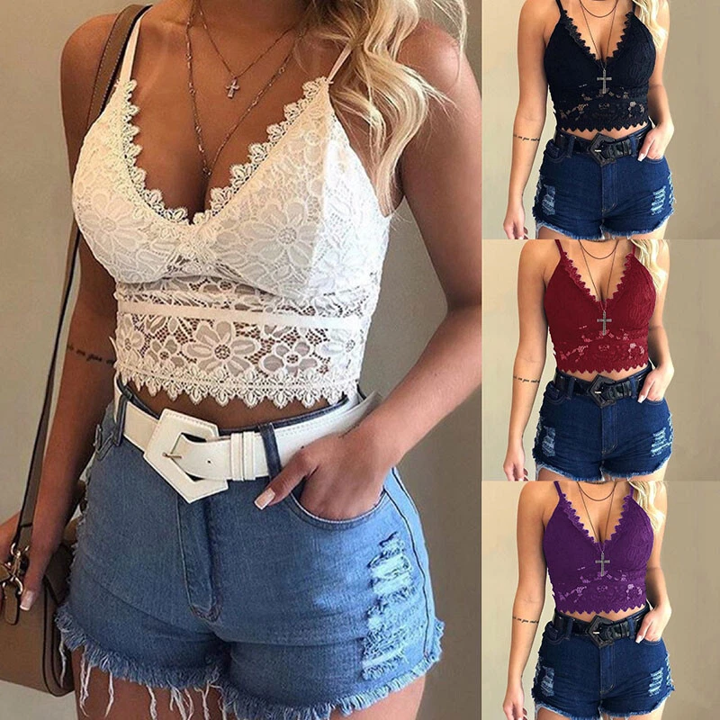 Womens Lace Bralette Bralet Bra Bustier Crop Top Ladies Cami Vest Tank  T-shirts