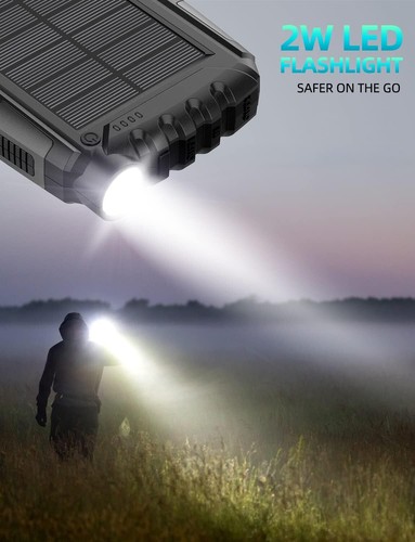 20000mAh Solar Power Bank with QC3.0 Fast Charge, Flashlight, Portable Charger - Photo 14 sur 22