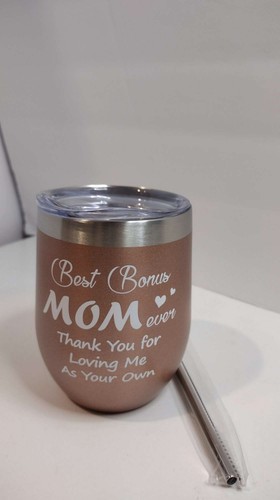 Rose Gold 12 Oz Wine Tumbler stainless steel- "Best Bonus Mom ever" - Picture 2 of 5