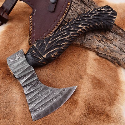 CUSTOM HAND FORGED DAMASCUS STEEL VIKING BEARDED CAMPING HATCHET TOMAHAWK AXE