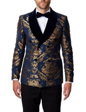 Gold Brocade on Navy Jacquard Double Breasted Jacket