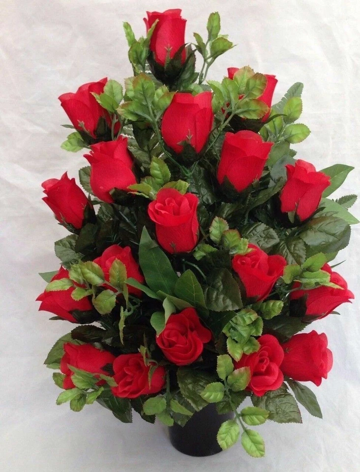 Grave Flower Arrangement Pot Rose Artificial Silk Flat Back Tribute Any Colour