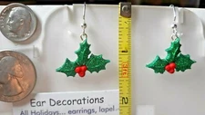 Christmas Holly earrings Glitter Green with Red berries Nickel Free silver hooks
