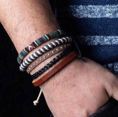 Ensemble 4 Bracelets Homme Femme Cuir tressé - Tissage - corde - Photo 1/2