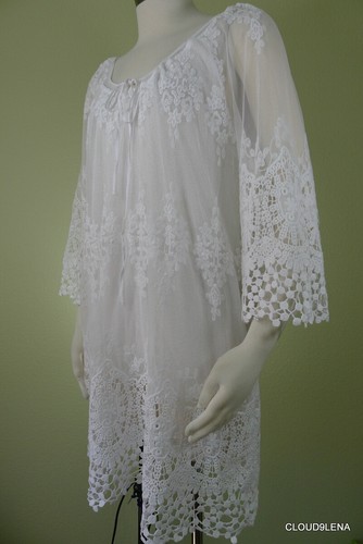 NWoT XCVI Gipsy People White Lined Embroidered Mesh Free Spirit Tunic Top SMALL - Picture 3 of 11