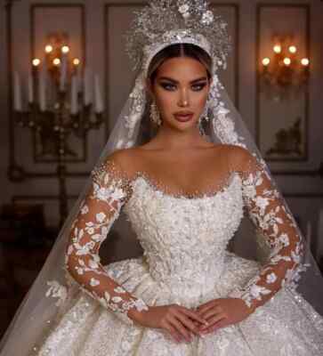 Luxury Wedding Dresses Vintage Lace Up Beading Bridal Shinny Long Sleeve  Elegant | eBay UK