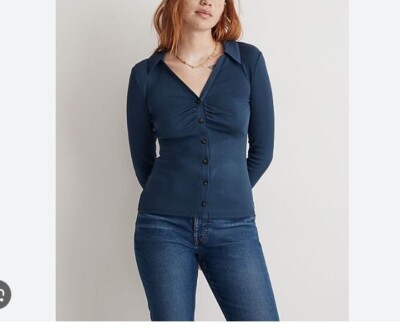 Madewell Plus Size Blue Ruched Polo Cardigan Top 3X