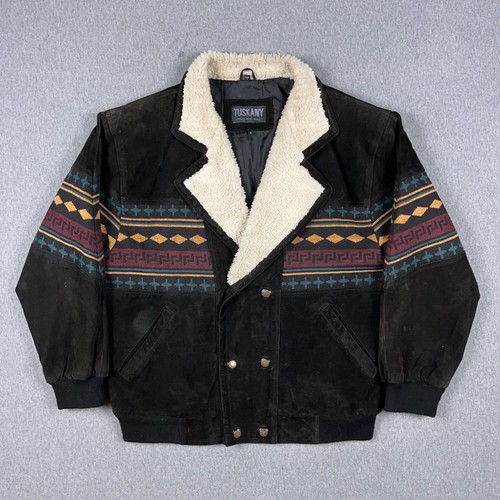 VTG Tuskany Jacket Mens Medium Leather Aztec Western Bomber Suede Southwestern