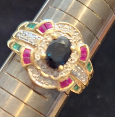 14K Solid Gold Oval Sapphire  Diamond Ruby Emerald Ring Sz 8