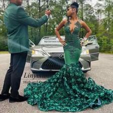 Luxury Prom Dress Black Girls Layered Flowers Diamonds Rhinestones Evening Gowns
