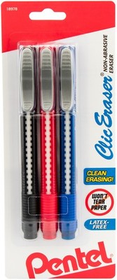 Pentel Clic Retractable Erasers 3/Pkg-Black, Red & Blue Barrels - ZE21BP3M