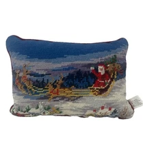 Lillian Vernon Needlepoint Accent Pillow 7”x10" Santa Sleigh Reindeer Village