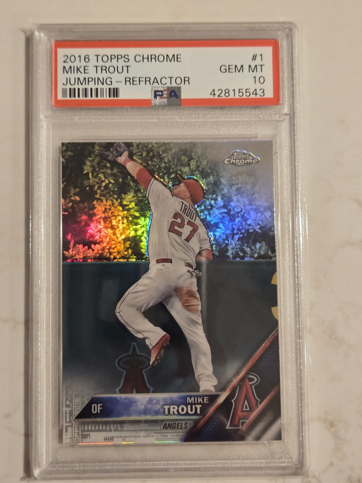 2016 Topps Chrome Mike Trout Jumping Refractor PSA 10 view 2