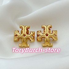 Tory Burch Logo Stud Earrings   Signature Gold Tone Classic
