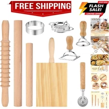 9Pcs Pasta Making Tools Set, Wooden Rolling Pin, Gnocchi Board, Ravioli Stamp...