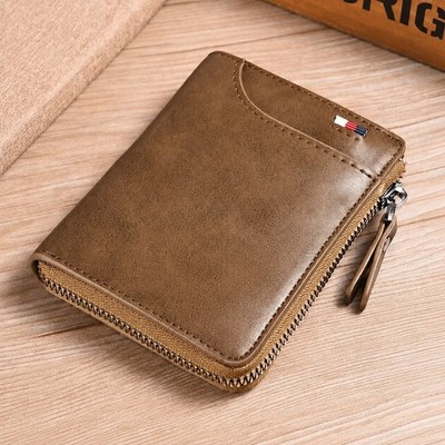 Men's RFID Blocking PU Leather Wallet (Light Brown) Zip Around Card Holder Brown