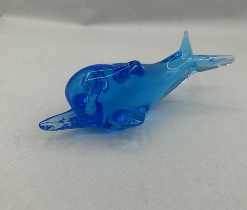 Blue Bottlenose Dolphin Hand Blown Art Glass Paperweight Figurine 5" Retro