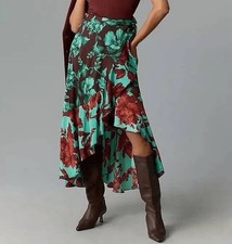 Maeve by Anthropologie Ruffled Wrap Maxi Skirt XL Brown Two-Tone Floral NEW NWT