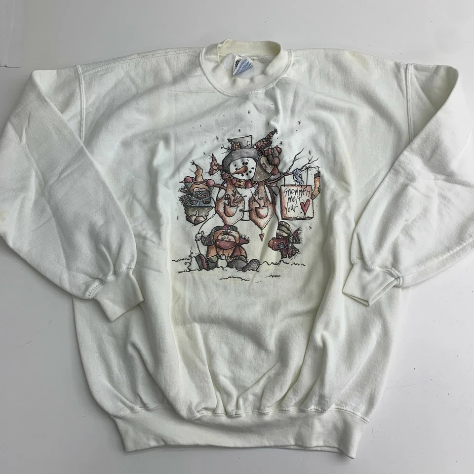Suéter Vintage Feo Navidad Mujer’s XL Blanco Muñeco de Nieve Gráfico Años 90 Manga Larga Foto 2 de 4