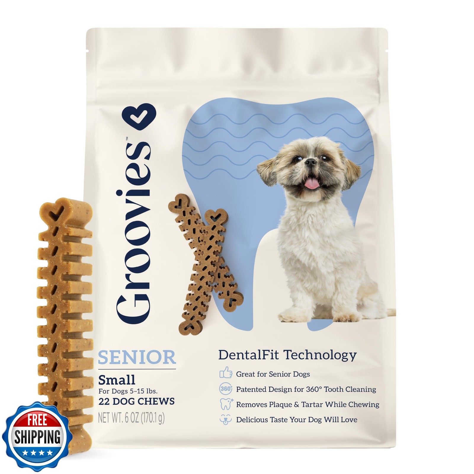 Gentle Flexible Dental Chew for Senior Dogs by Groovies Delica
