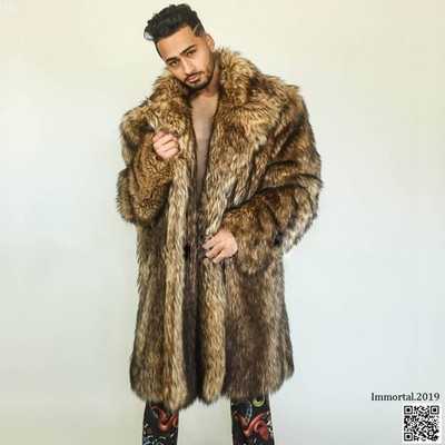 Men Raccoon Fur Coat Winter Lapel Collar Mid Long Faux Fur Overcoat 100cm Length