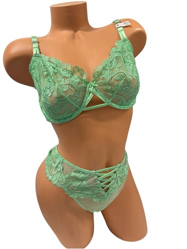 Victorias Secret Dream Angels Unlined Bra Set 36DD Large Green Floral Lace - Picture 2 of 6