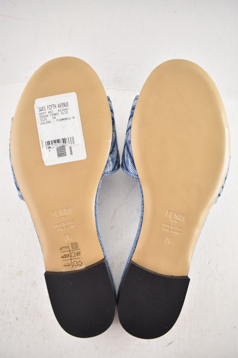 Fendi Blue Denim Signature FF Monogram Logo Mule Slide Flat Flip