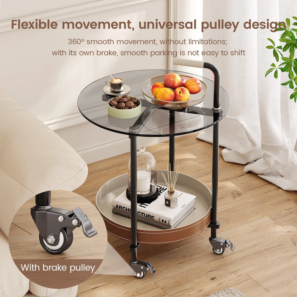 Mesa auxiliar redonda móvil de doble capa con tapa de vidrio de almacenamiento Foto 3 de 4