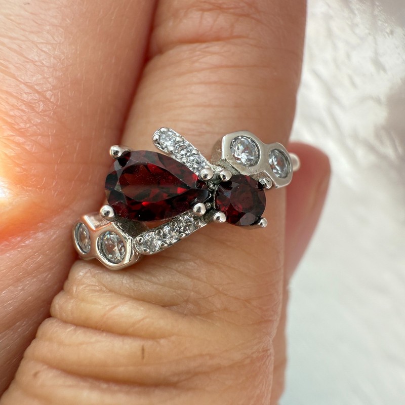 925 Sterling Silver Ring 6x4mm Natural Rhodolite Garnet Zircon Handmade Ladybug