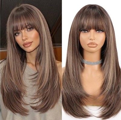Wig - Human Hair Blend - Long Straight Layered Dark Brown Bangs Heat Resistant