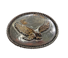 Western Belt Buckle American Bald Eagle Scrollwork Silver Plate 4x3 Vintage