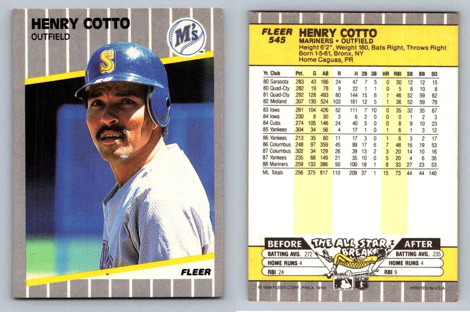 Henry Cotto Outfield Seattle Mariners Fleer 1989 Card 545 Memorabilia