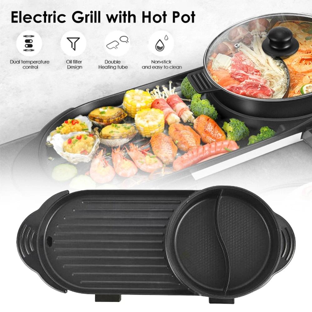2KW 2 In 1 Hot Pot Barbecue Grill Non-Stick Teppanyaki BBQ Pan Soup 2-12 people