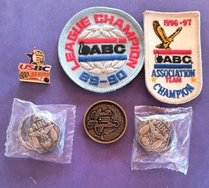 Lot 6 Bowling Medals Patches ABC. Recognition, 600 Series, Key Chains, Champions