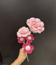 Handmade Crochet Pink Flowers Bouquet  Knitted Floral Decor Gift