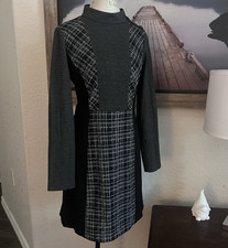 Vince Camuto Gray Black Plaid Cowl Neck Long Sleeve Sheath Knee Dress Sz 12