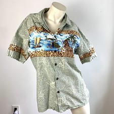 Vintage 90s HAWAII Hawaiian Shirt USA Made Aloha Green Blue Cotton Beach M