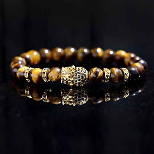 Pulseras de lujo para hombres 24 kt micro pave CZ corona cuentas ojo de tigre y piedra de nieve regalo - Imagen 10 de 42