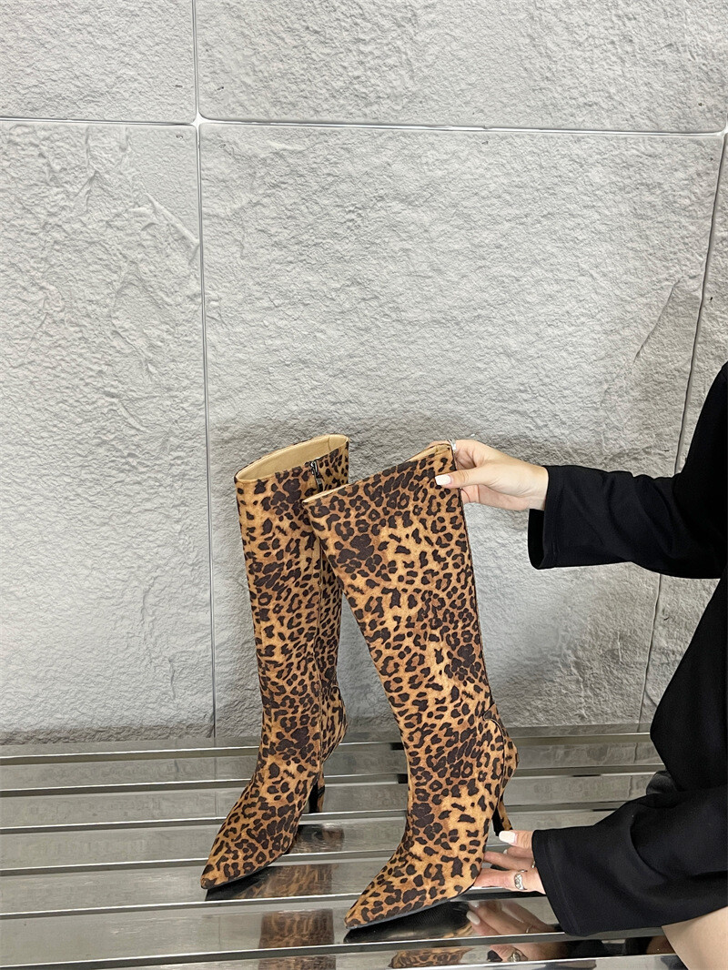Retro Leopard Print Womens Pointed Toe Knee High Boots Zipper