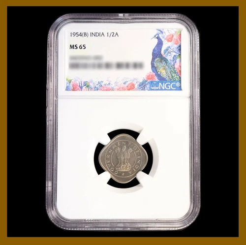 British India 1/2 Anna, 1954 (B) Bombay NGC MS 65 Zebu Bull Lion 4465943-083