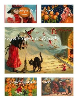 Vintage Halloween Fabric Block Kit Postcard Witches Cat Crazy Quilt Wallhanging