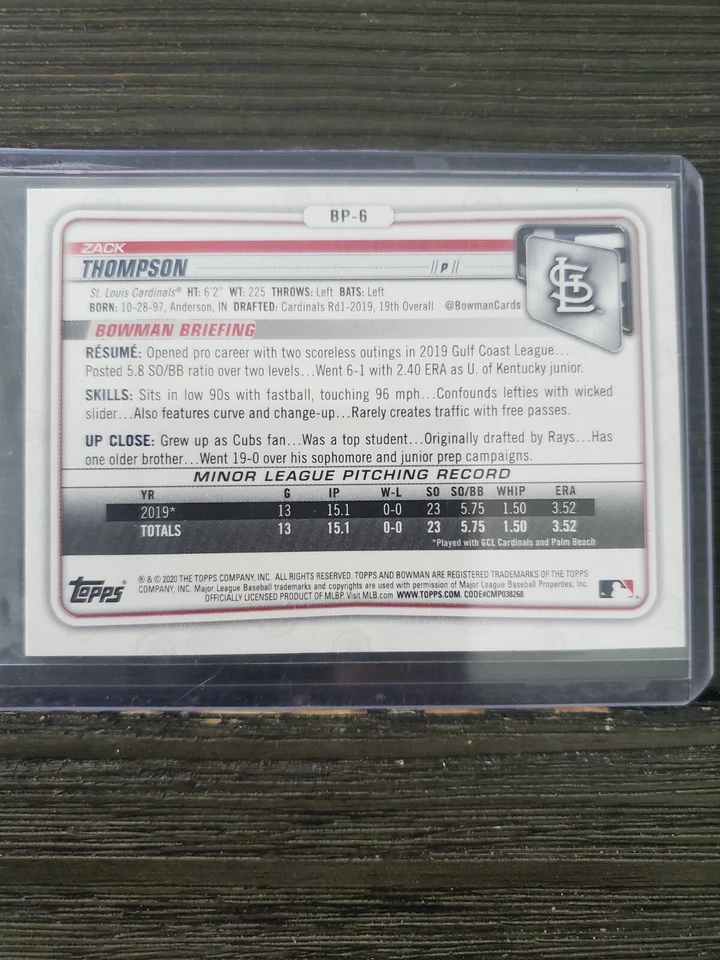 2020 BOWMAN CAMO PROSPECTS ROOKIE #BP-6 ZACK THOMPSON ST. LOUIS CARDINALS - Image 2 of 2