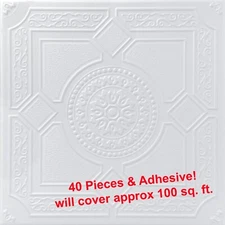 Ceiling Tiles, Glue Up Foam 20" x 20", LIMA White, 40 pcs & Adhesive (3 Tubes)