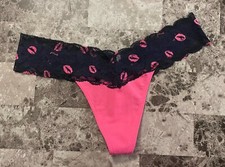 NWT VICTORIA'S SECRET PINK NAVY BLUE PINK LIPS LISS LACE WAISTBAND THONG PANTIES