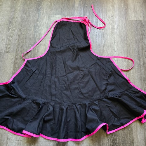 Bib Apron Womens Ruffle Pocket Tie Black Pink Maid Kitchen Costume Cosplay - Picture 5 of 9