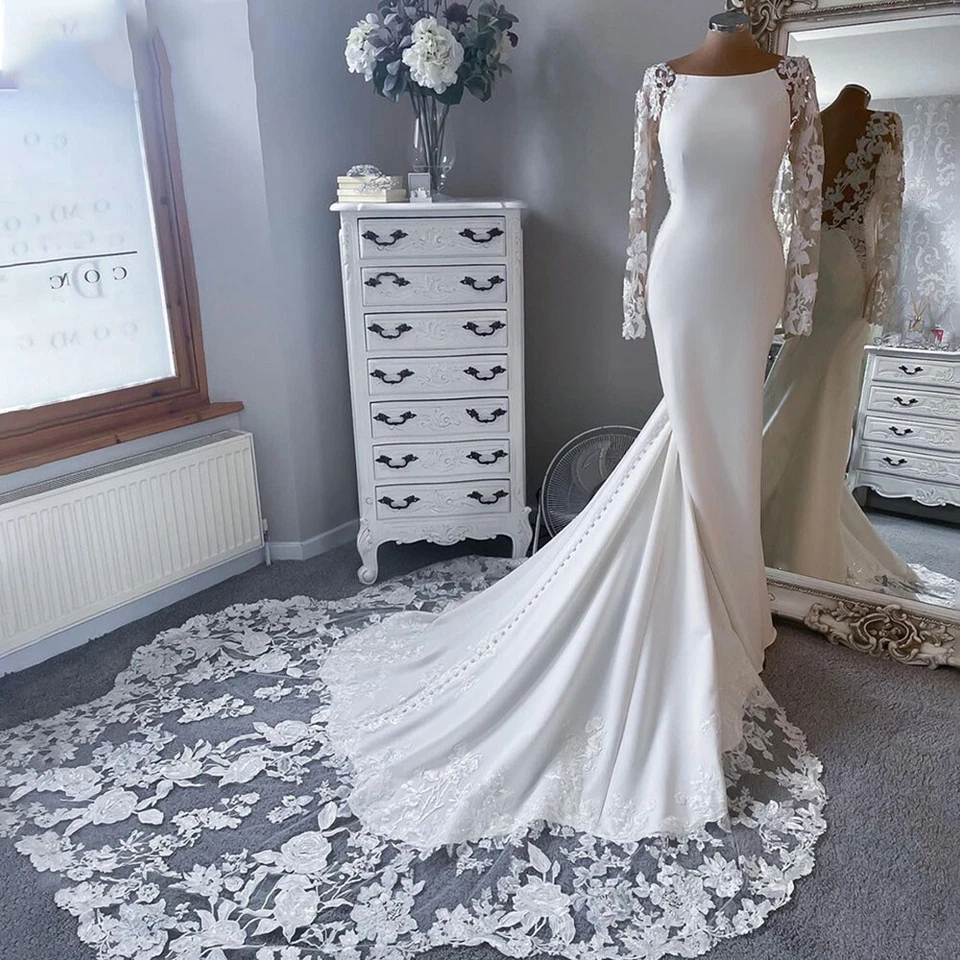 Precioso vestido de novia de sirena satinado sin espalda cuello redondo manga larga vestido de novia Foto 4 de 4