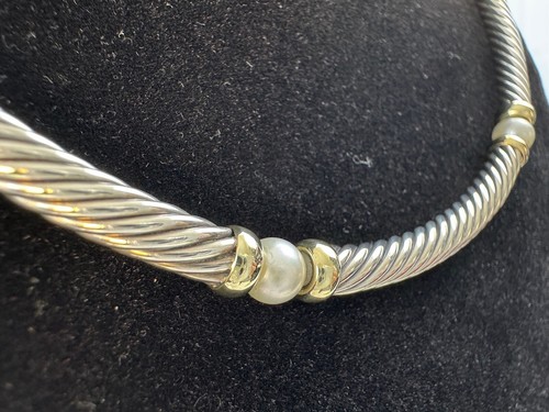 David Yurman 925 Silver & Pearl Station Cable Choker Necklace W/ 14k Gold Accent - Picture 4 of 10