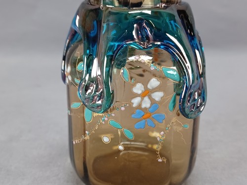 Bohemian Harrach Enamel Flowers Blue Rigaree & Amber Glass 3 7/8 Inch Vase - Picture 5 of 9